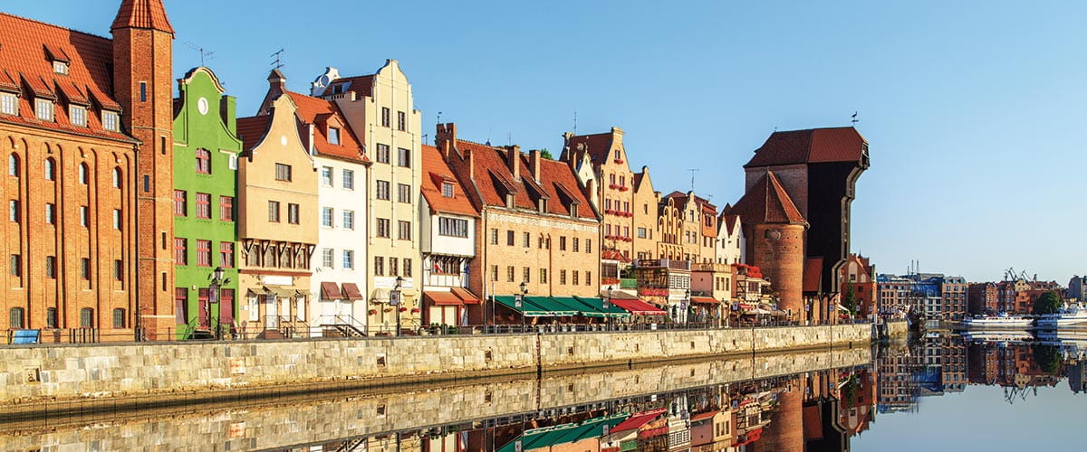 The medieval buildings on the Motlawa River in Gdansk, Poland